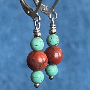 Red Jasper & Turquoise Stone Dangle Earrings, Minimalist Gemstone Small Earrings